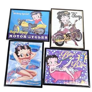 Vintage Betty Boop Framed Pictures Lot of 4 10x8" Biker Bubble Bath Glamour 90's